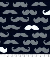 1/4 Yard 9”x42” Navy Blue Gray White Mustache Print Cotton Quilt Fabric