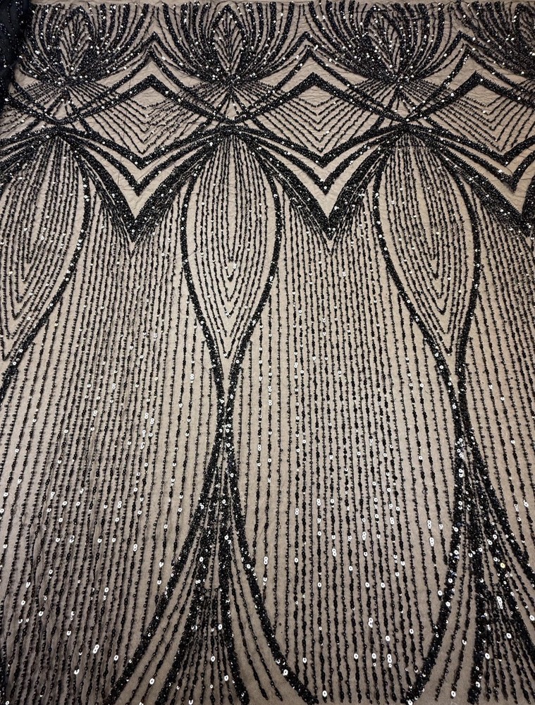 Black Beige Sequin Mesh Net Fabric Embroidered Beaded Geometric Pattern