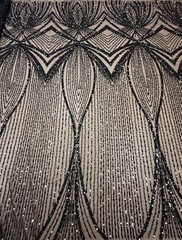 Black Beige Sequin Mesh Net Fabric Embroidered Beaded Geometric Pattern