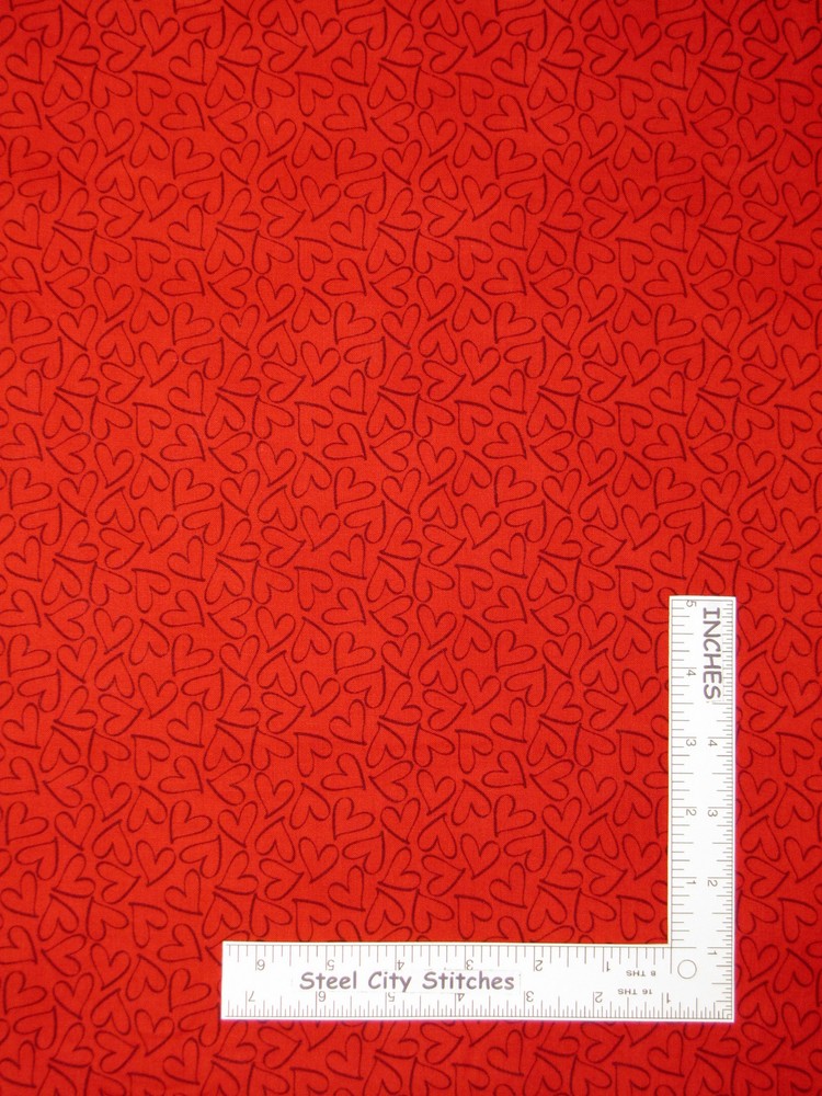 Valentine Heart Toss Gray Outline Hearts on Red Cotton Fabric Stof #511 ~ YARD