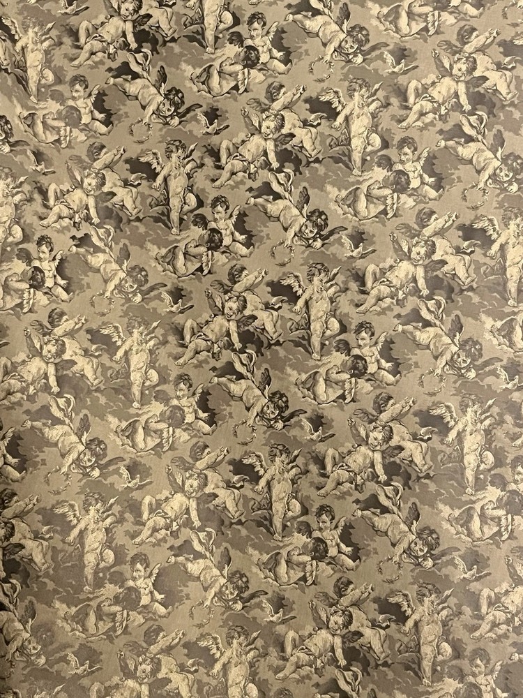 VTG Antique French Cherubs Damask Jacquard Interiors Fabric ~ Sage Olive Rare