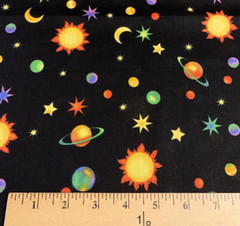 “Cosmos” Solar System Galaxy Fabric By R.E.D & Fabricland Vtg Black Yellow BTY