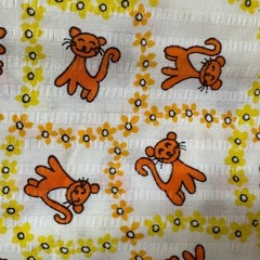 Vintage 1970s Seersucker Fabric 3 Yards 44″ Wide Orange Cat Floral Kitschy Retro