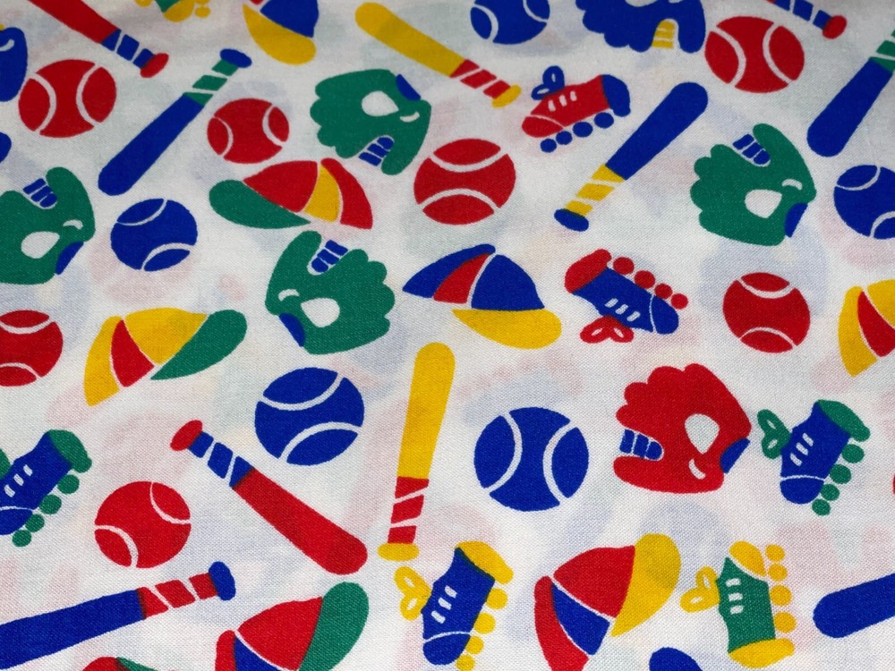 2/3 Yd Vintage Kids Sports Equipment Baseball Balls Bats Gloves Cotton Fabric
