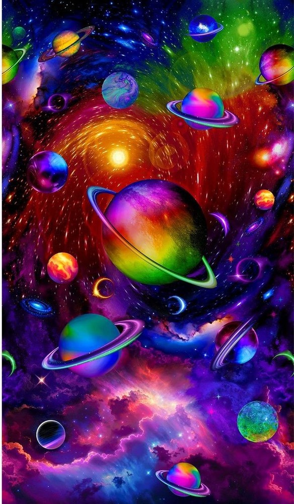 24″ Fabric Panel | Timeless Treasures Spaced Out Galaxy Planet Rainbow Scene