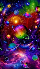 24″ Fabric Panel | Timeless Treasures Spaced Out Galaxy Planet Rainbow Scene