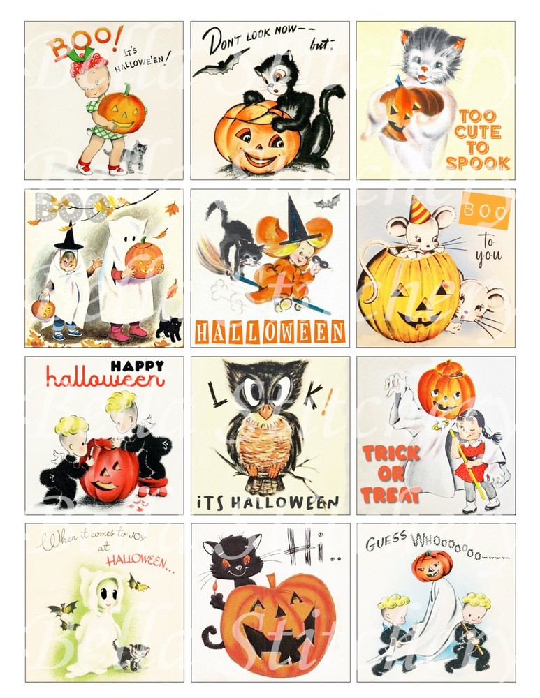 Set of 12 Vintage Retro 1950’s Halloween Images Quilt Cotton FABRIC Panels