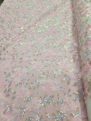 Blush Pink Lace Fabric 3D Floral Iridescent Sequins Embroidery Sold by Yard