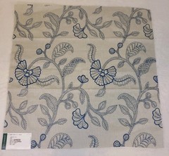 G P & J Baker Fabric Sample Blue Tan 100% Linen 20 1/2″ X 20 1/2″ Embroidered