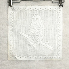 Fabric lace panel square – Owl on Branch – white sewing craft Vintage