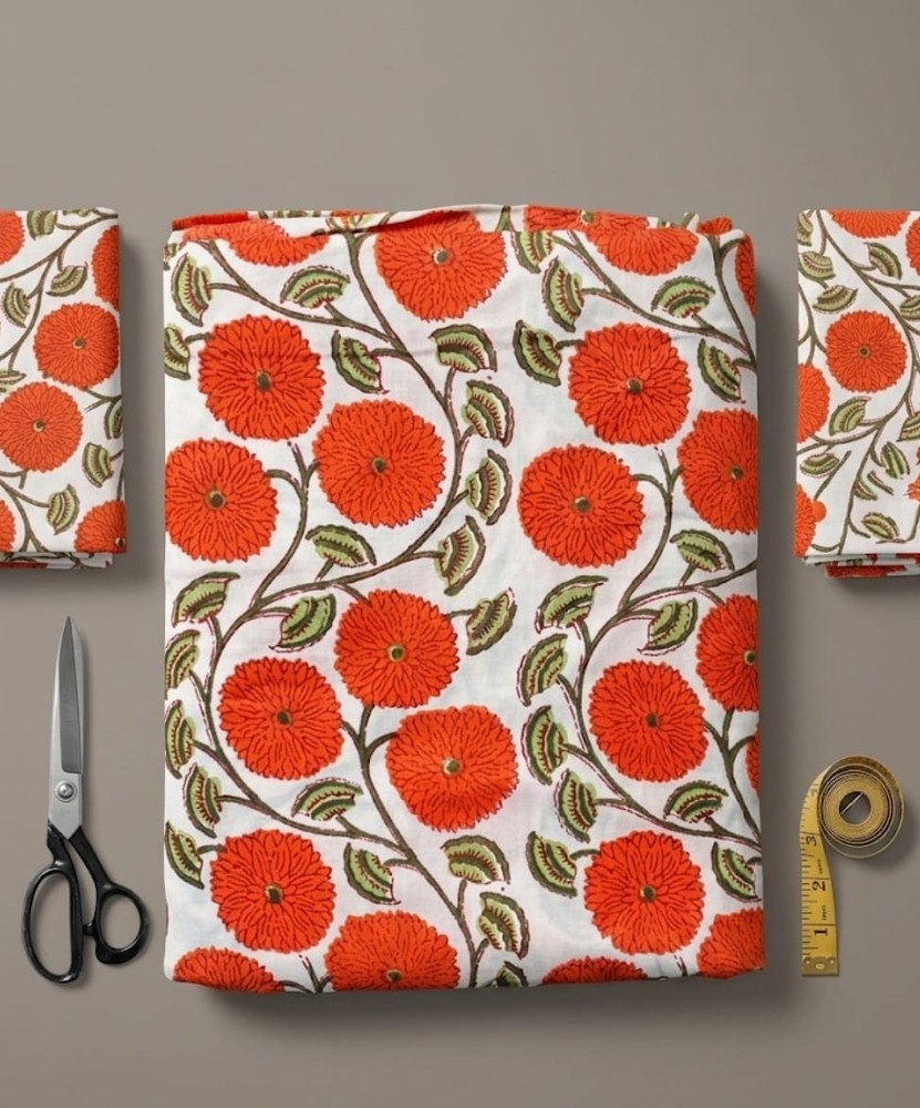 Hand Block Floral Cotton Fabric By The Yard Indian Dressmaking Sewing Material
