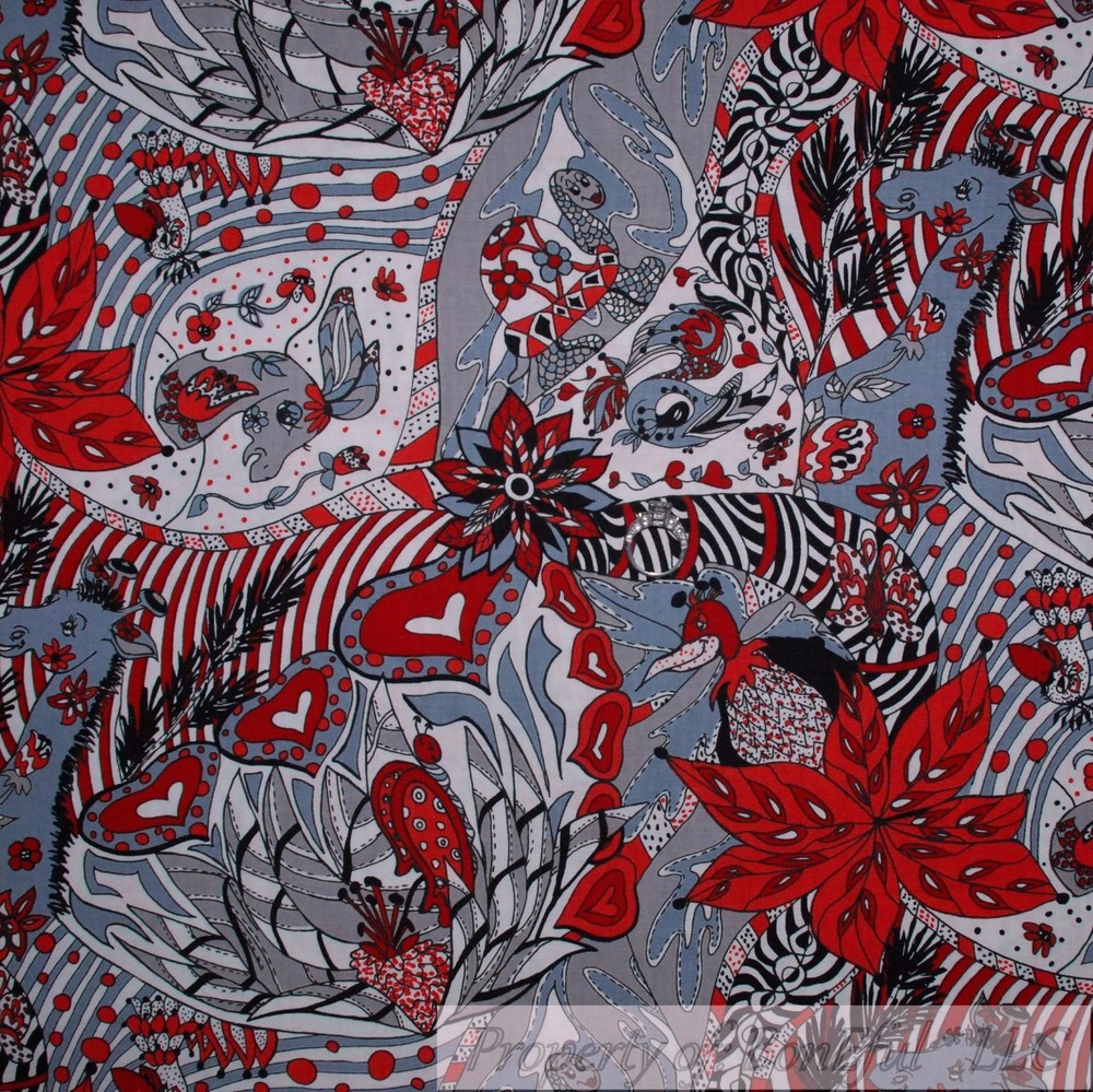 BonEful Fabric FQ Cotton Quilt B&W Red Heart Black Flower Fish Anime Hippie Goth