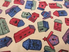 4+ Yds x 43 In Fabric Quilting Cotton Birdhouses Beige Red Blue Green (168)