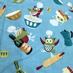 Retro Owls Chef Hats Cooking Kitchen Theme Blue Cotton Fabric BTHY #61