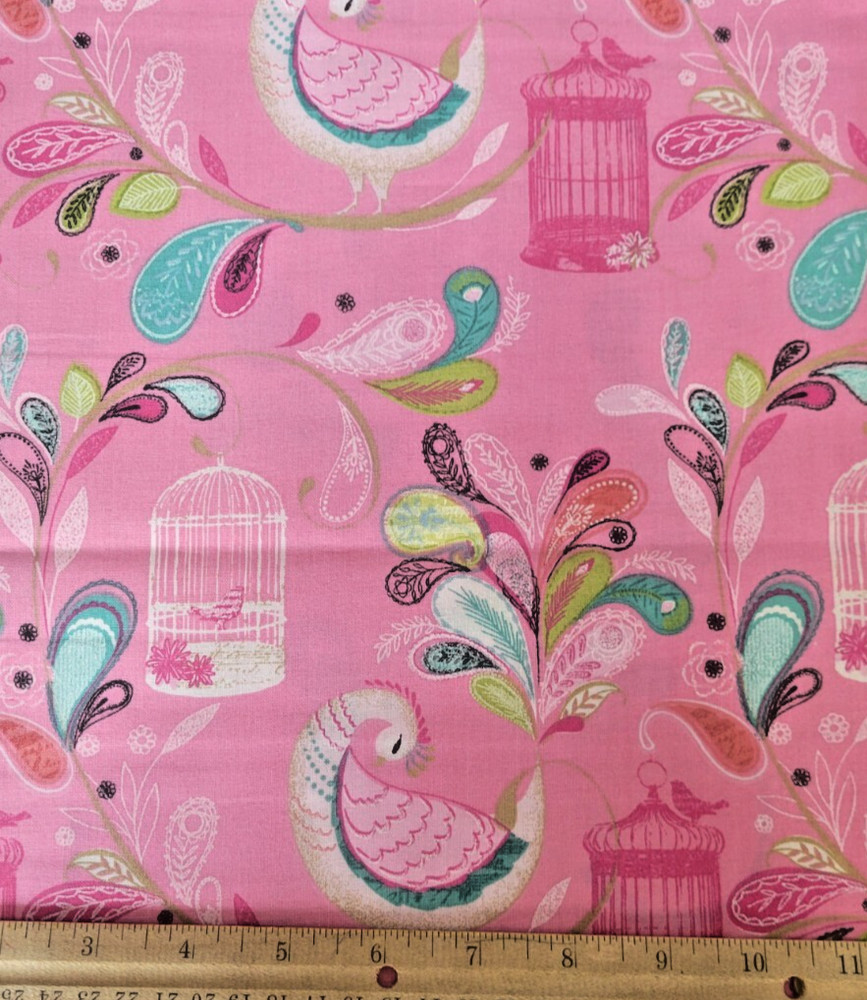 Peacock Feather and Bird Cage Birds Pink and Multi Color Cotton Fabric