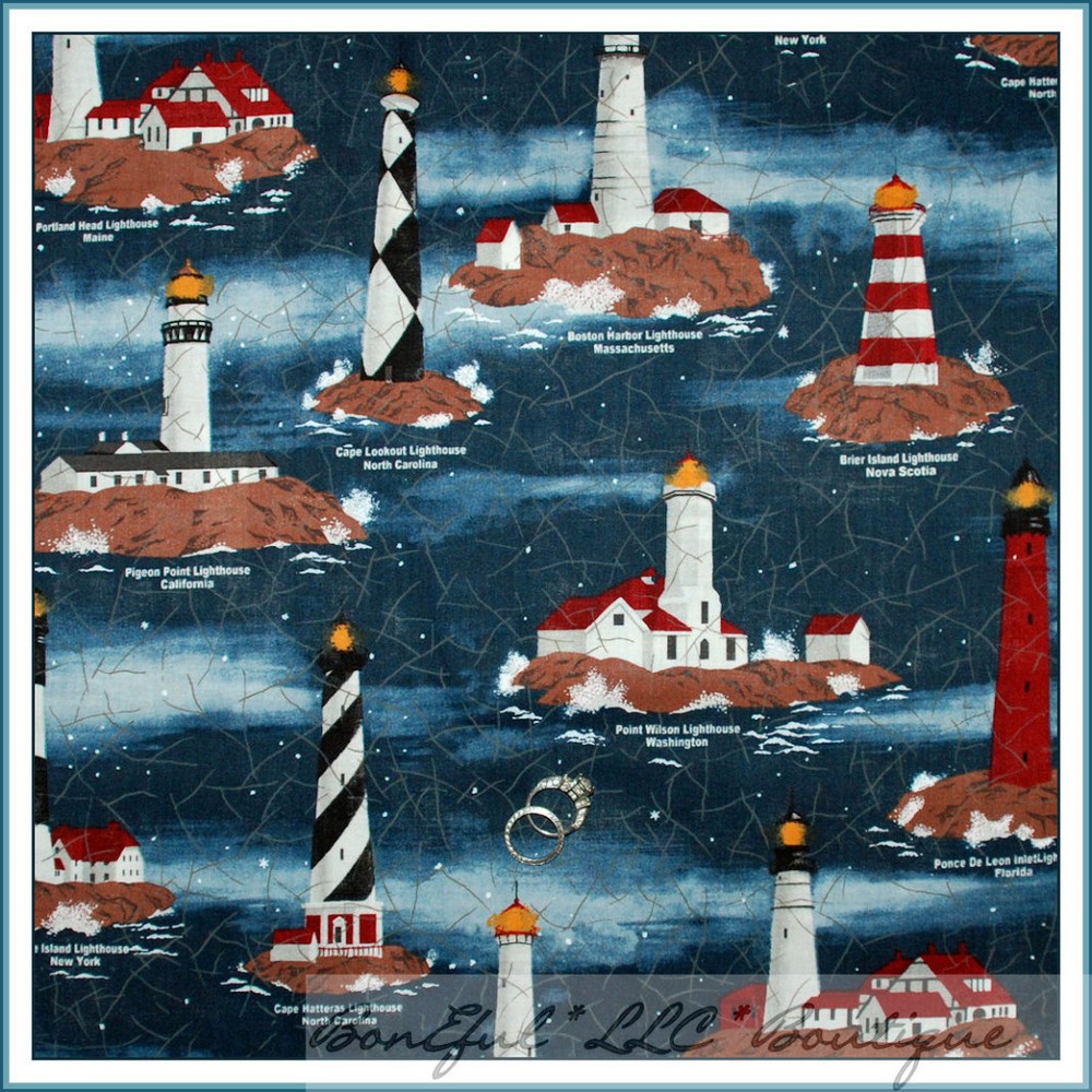BonEful Fabric FQ Cotton Quilt Navy Blue Lighthouse Ocean Sea Star Night Sky Map