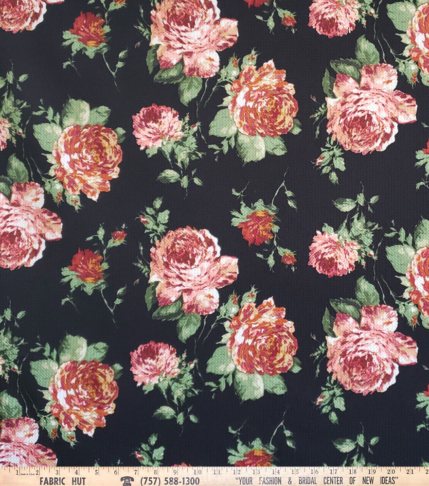 Liverpool Knit Carnations on Black 58″ Fabric by the Yard