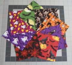 64 Halloween 5″ Quilt Squares Charm pack Pumpkins Bats Ghosts Black Cats Mummy