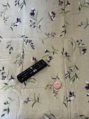 Linen Blend Woven Fabric Iris floral tan background 35”x52” Linen Weave Texture