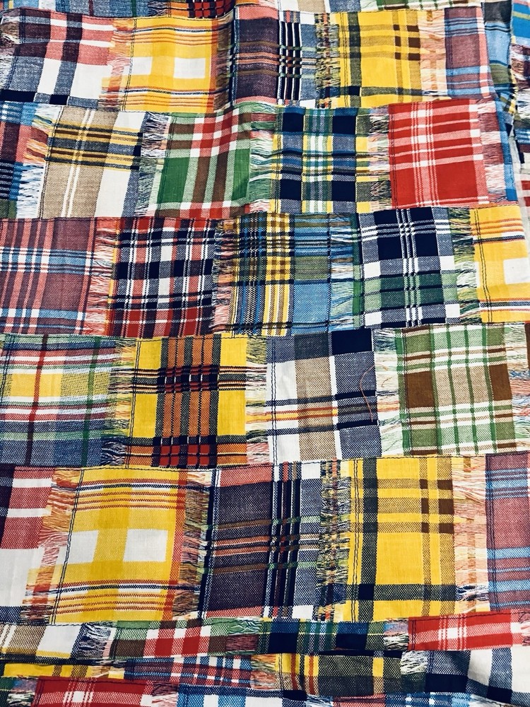 VTG ‘70’s Colorful Faux Madras Plaid Patchwork 3 ” Squares Cheater Quilt BTFQ