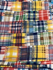 VTG ‘70’s Colorful Faux Madras Plaid Patchwork 3 ” Squares Cheater Quilt BTFQ