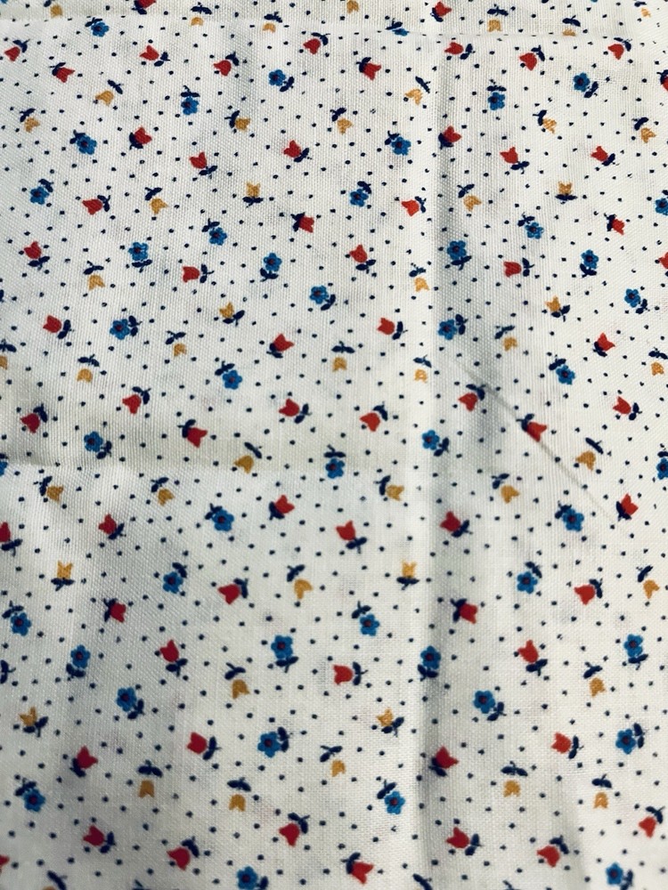 VTG Spring Mills Tiny Ditzy CALICO Red & Blue Florals & Blue Dots on White BTFQ