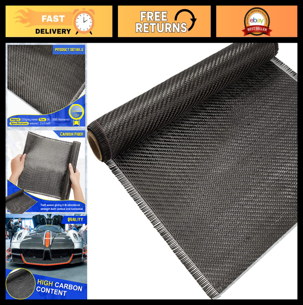 6.5ft x 12″ Carbon Fiber Fabric Roll – 2×2 Twill Weave 3k/220g for Cars, Boats,
