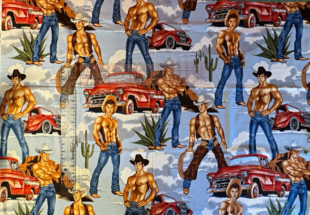 3.5 yds Cowboy Novelty Cotton Fabric, Multicolor, Cars, Cactus