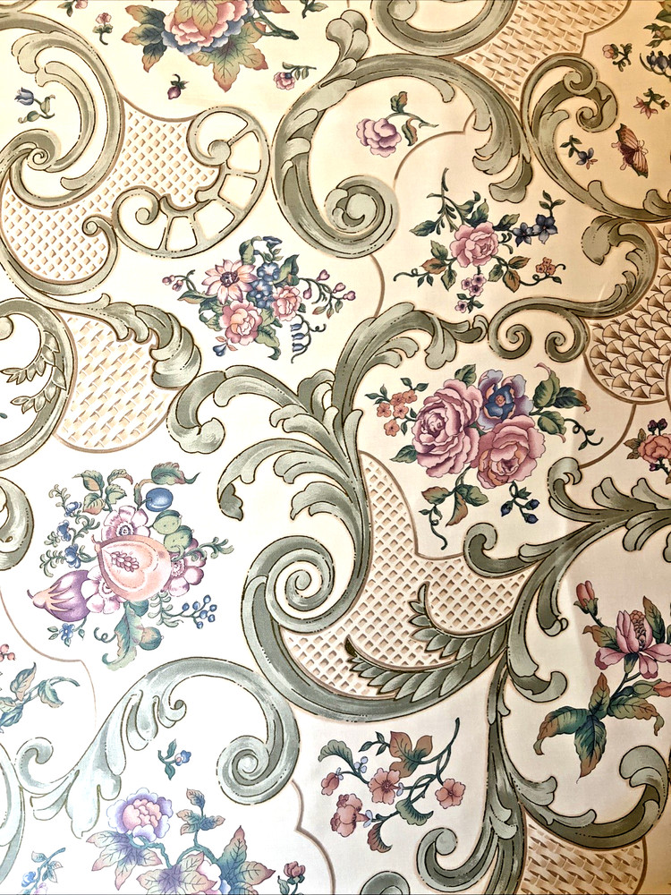 Anna Ruben 1990 Cotton Sateen Fabric Country Cottage Floral Lace Scrolls 4 yds.