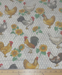 SHARON KESSLER FARMHOUSE CHICKEN & SUNFLOWER PRINT TABLECLOTH 43″ X 42″ PREOWNED