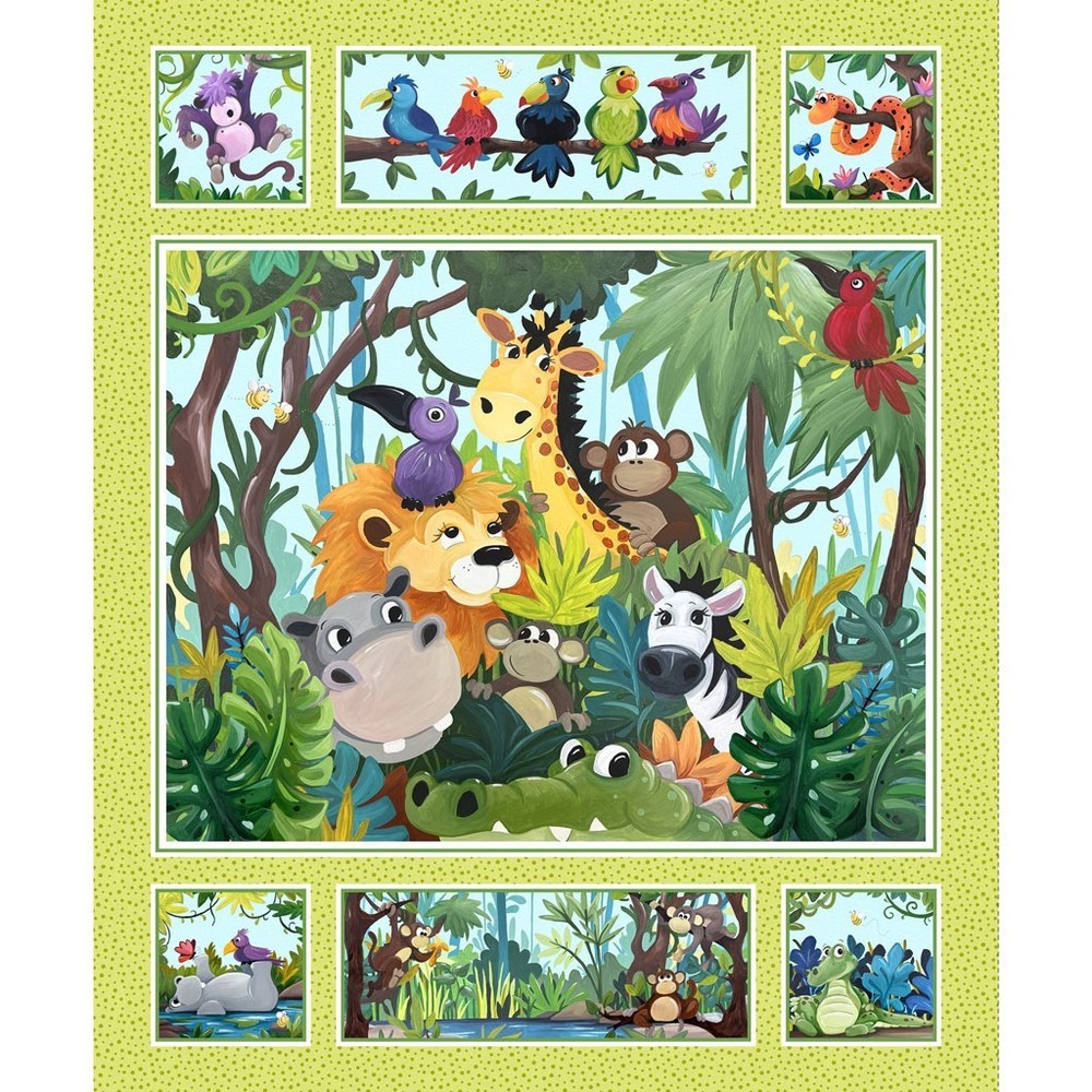 SusyBee Jungle Friends Easy Fast 36″ Kids Quilt Panel Fabric