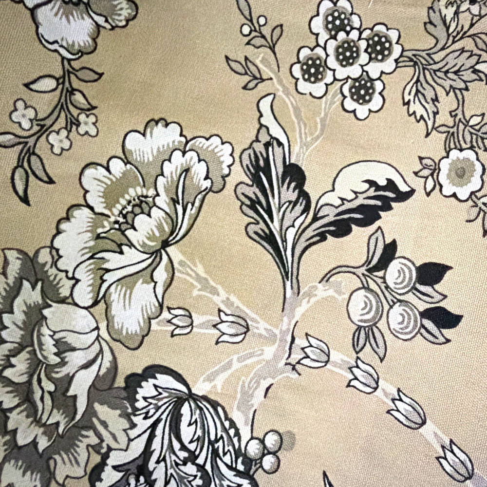 Beige Black White Floral Flowers & Plants Print Fabric Piece