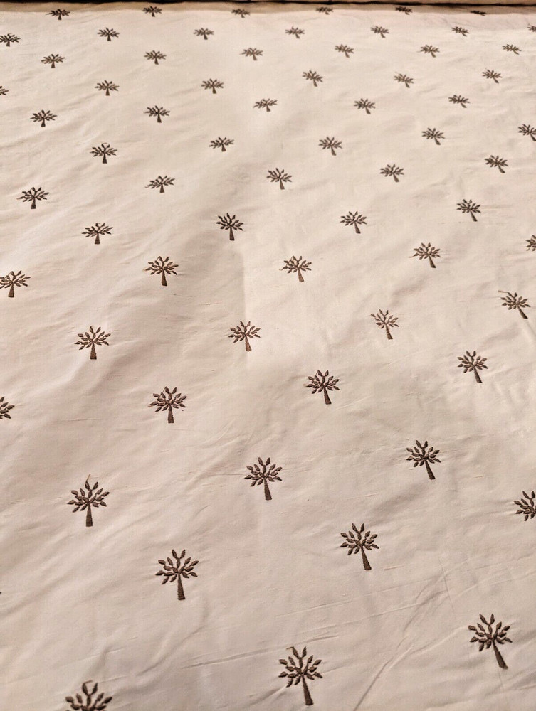 Embroidered Silk 54″ Designer Fabric in Cream w Caramel Embroidered Trees 16.5yd