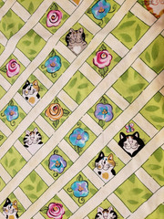 Cotton Fabric 40″ x 35″ Catzilla Cats Grid Green Flowers In The Beginning