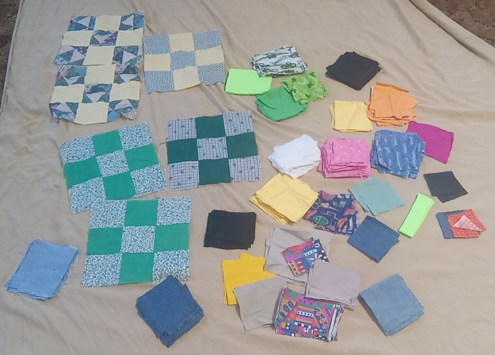 Mixed Lot Of Cut Fabric Squares/Pieces & Pre-sewn Quilt Blocks- 1 lb 15.8 ozs