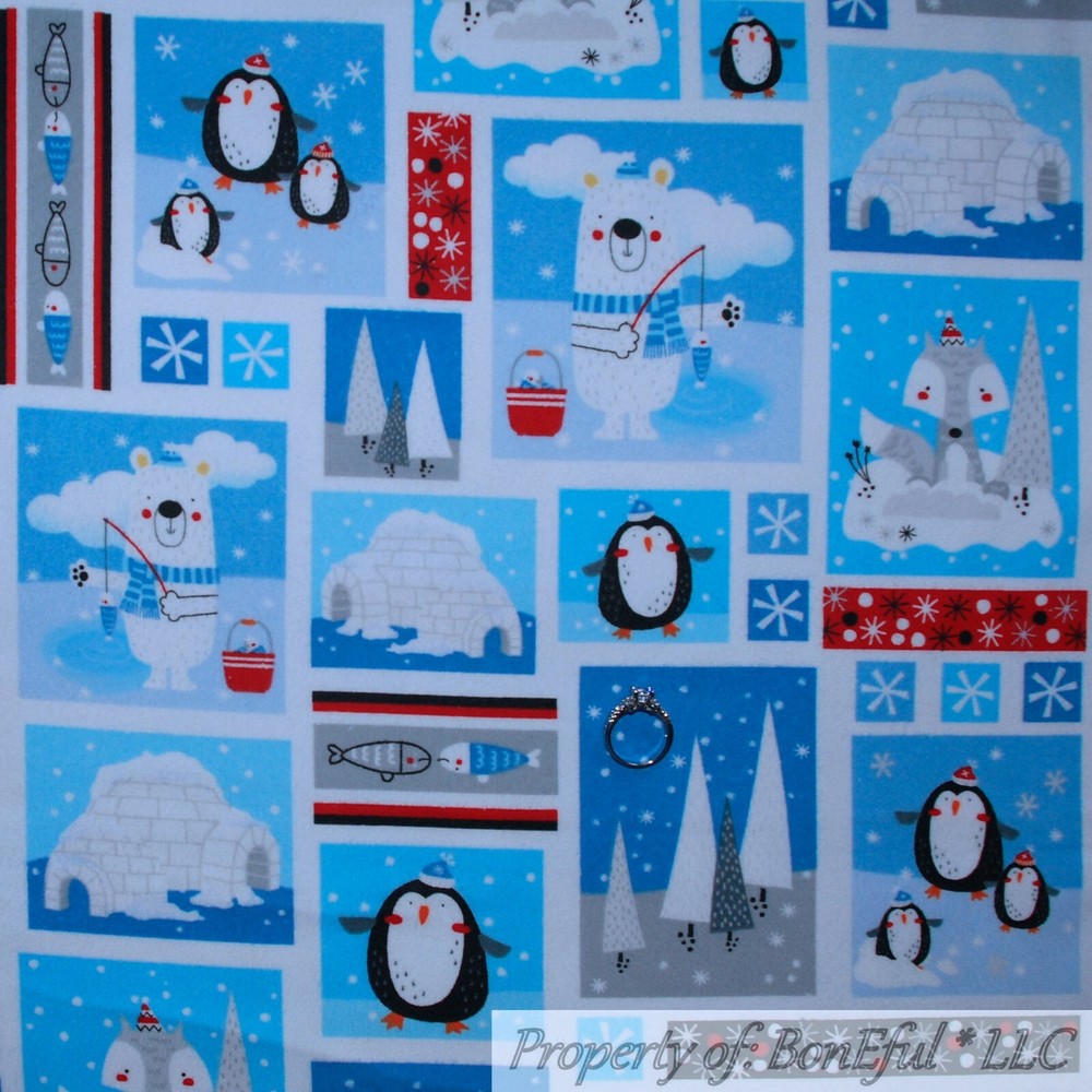 BonEful Fabric FQ Cotton Flannel Quilt Blue White Penguin Fox Patchwork Block US