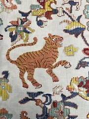 0.7 Yard Of Tapestry Red Teal Jane Churchill Embroidered Linen Drapery Remnant