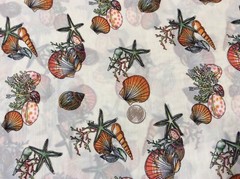 Sea shell sea weed star fish polyester chiffon fabric on beige, 58″ by 20″