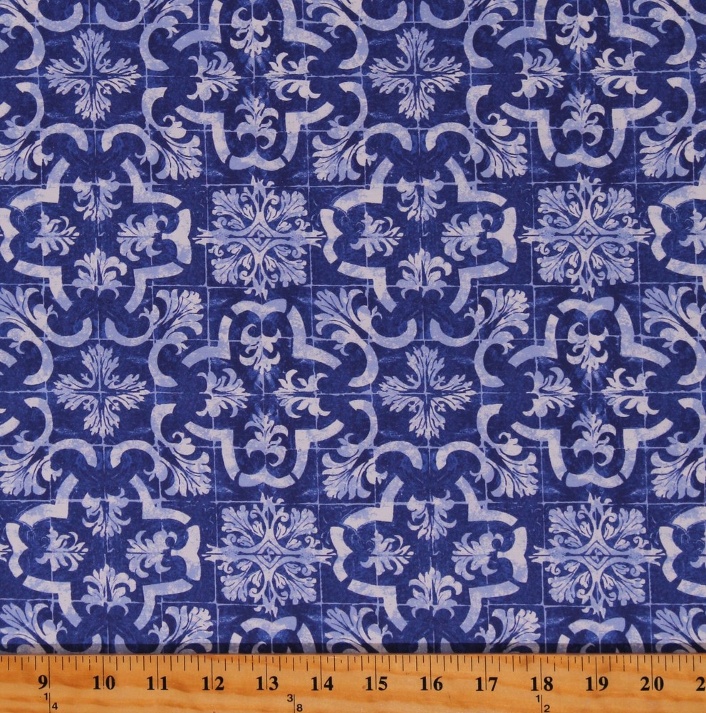 Cotton Ceramica Dutch Tiles Patterned Squares Blue Fabric Print by Yard D152.27