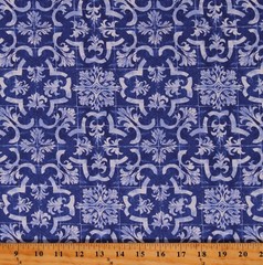 Cotton Ceramica Dutch Tiles Patterned Squares Blue Fabric Print by Yard D152.27