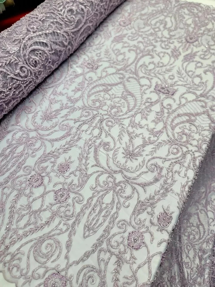 Lavender Beaded Lace Fabric with Victorian Damask Embroidery – Sold by the Yard