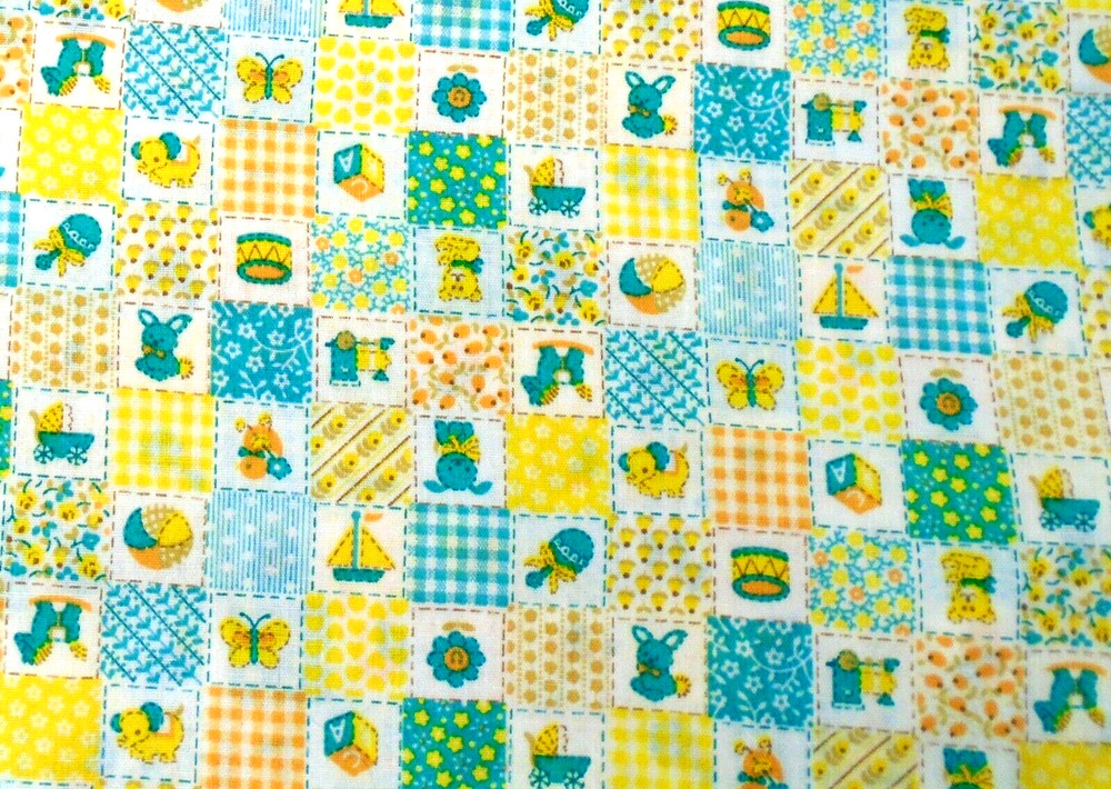 Vintage VIP Baby Toys Mini Squares Yellow Green Cotton Blend Fabric 43×31″