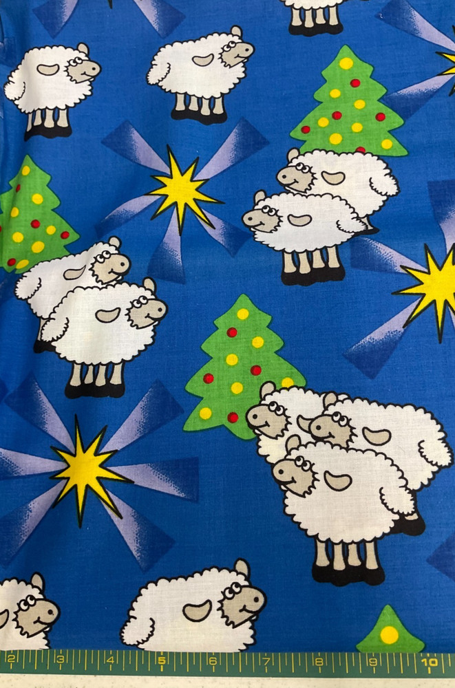 WHIMSICAL CHRISTMAS TREE, LAMB & STARS ON BLUE COTTON- BY THE YARD
