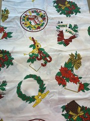 Vtg Christmas Cut & Sew Fabric Panel Wreath Bells Horns Poinsettia Crafts 2 Yds