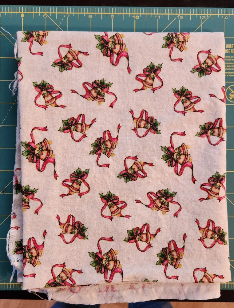 2/3+ yd (30 inches) Christmas Metallic fabric bells & ribbon, from my stash