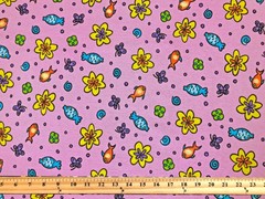 Pink Fish & Flowers Garden 100% Cotton Knit Fabric 52″W By Yard-CTPR13