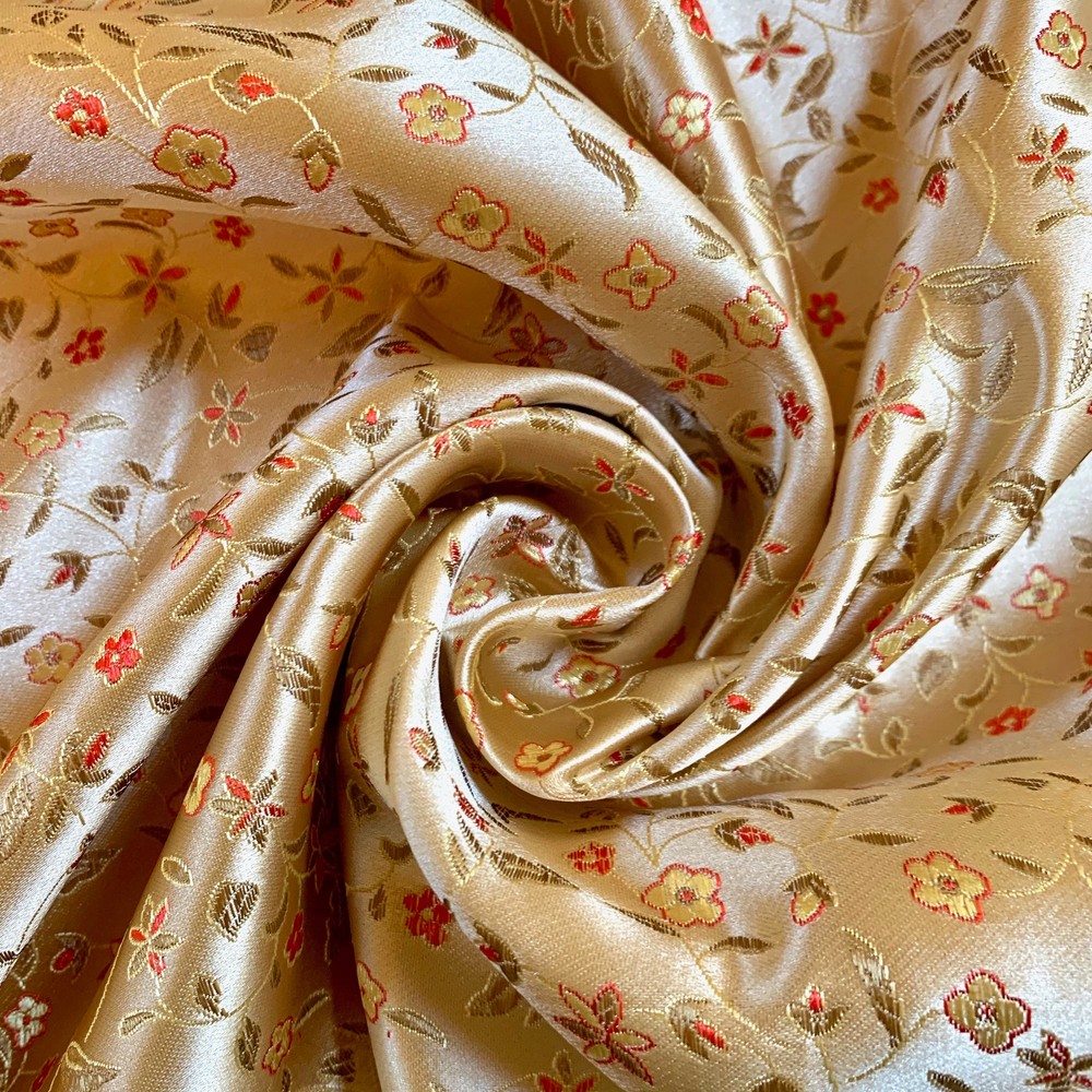 Vivienne GOLD RED Floral Brocade Chinese Satin Fabric by the Yard – 10041