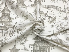 LACEFIELD DESIGNS PAGODAS BISQUE GRAY WHITE ASIAN TEMPLE FABRIC BY YARD 55″W