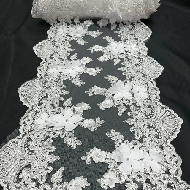 White Beaded Lace Table Runner – 3D Floral Lace with Pearls & Sequins | Bridal W
