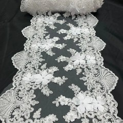White Beaded Lace Table Runner – 3D Floral Lace with Pearls & Sequins | Bridal W